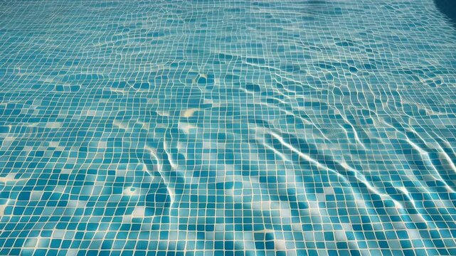 Slow motion static shot of swimming pool water rippling over blue tiled mosaic with sunlight reflections and shifting light patterns in bright summer daytime