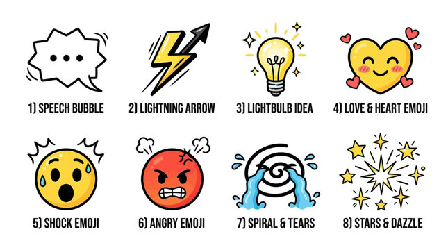 Comic style emoji icons set, 8 colorful cartoon stickers with speech bubble and lightning arrow, hand drawn emoji characters for social media