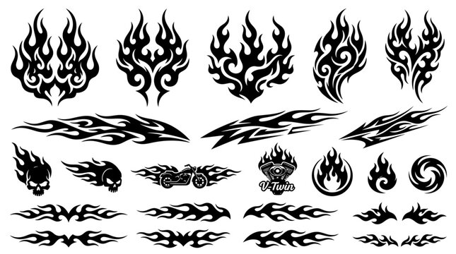 Tribal flame tattoo vector set, black fire decals for motorcycle and car racing, flaming skull and pinstripe graphics for vehicle wraps
