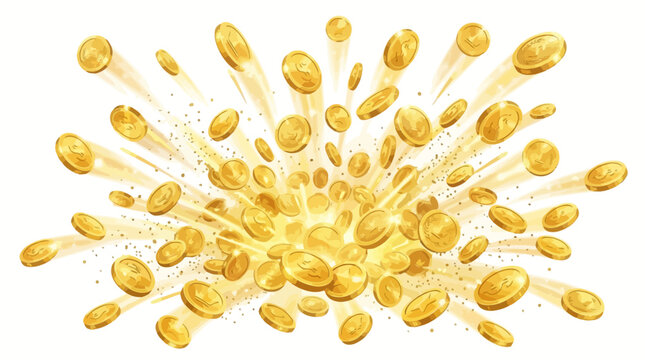 Golden coins explosion with dynamic motion blur, flying gold money burst on white background, realistic jackpot win and wealth concept vector