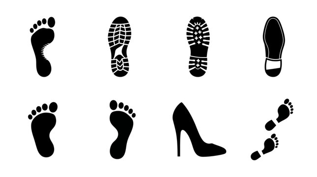 Black footprint silhouettes and shoe sole icons, human barefoot prints and boot tread marks, set of 8 vector graphic elements for forensic or tracking design