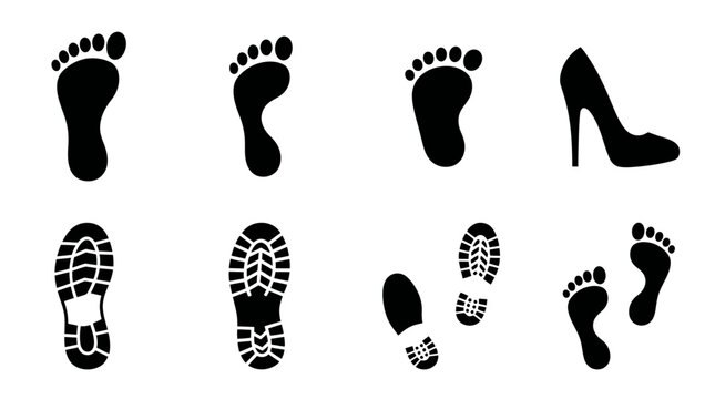 Black footprint silhouettes and shoe print icons, human barefoot tracks and sneaker sole marks, high heel and boot tread vector set