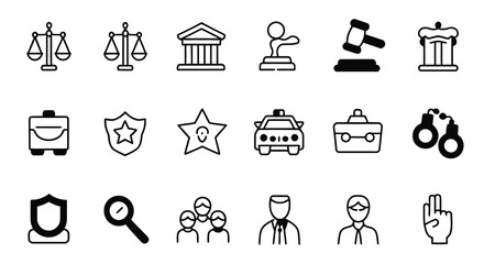collection of justice law and legal services line icons featuring scales court judge gavel police car handcuffs shield badge briefcase documents magnifying glass and professional people figures. © Mdshohag