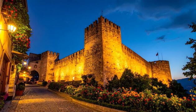 Medieval Castle Walls at Dusk Evening.