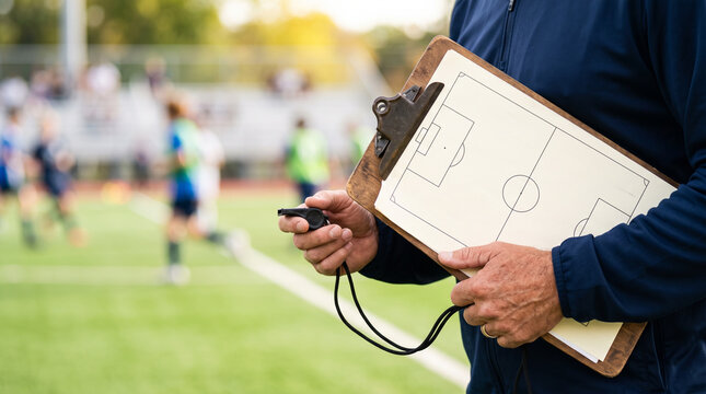 Sports coach's hands holding a whistle and clipboard on the field &mdash; athletic coaching and sports industry occupation concept.