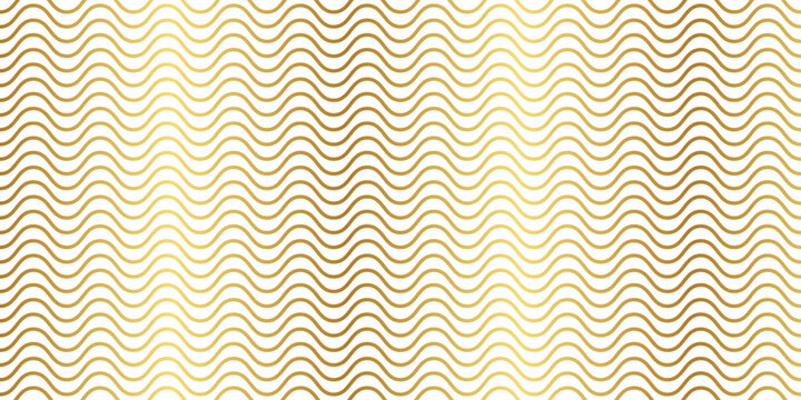 Golden wavy line pattern background with luxury geometric metallic wave texture. Vector illustration of abstract seamless gold squiggly line art banner, modern elegant art deco wallpaper template.