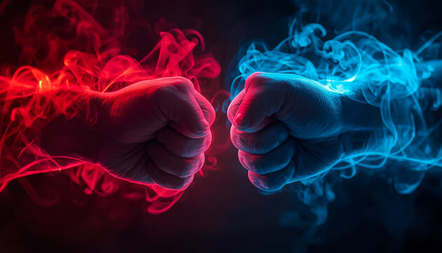 Two fists clashing with red and blue smoke. Concept of competition or versus battle.
