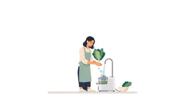 Modern ultrasonic vegetable cleaner machine, woman washing fresh green lettuce in fruit washer, healthy food preparation and kitchen hygiene