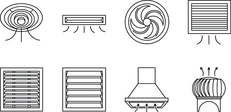 Set of HVAC ventilation diffusers grilles and exhaust fans line art vector illustrations