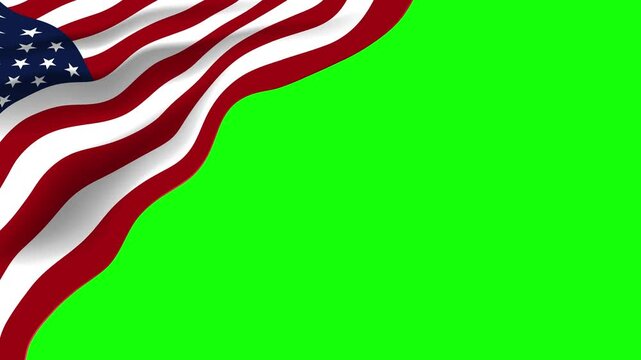 Waving American flag in the corner with green screen background. Perfect for custom videos, news, sports, tourism, and presentations.