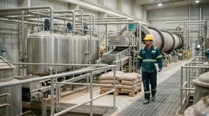 Naklejka premium Worker in a hard hat walks past stainless tanks, magnetic separators, conveyor belts, and rotary kilns in a rare earth refining facility.