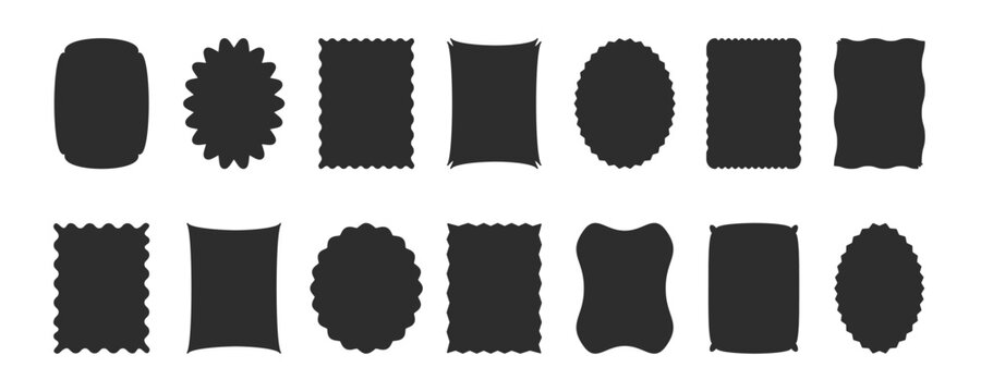 Shape wave frame rectangle, wavy edge box. Scallop border figure stamp, curve sticker. Wiggle round banner, squiggle retro cloud. Zigzag form organic poster isolated on white bg. Vector illustration