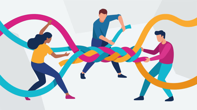 Abstract vector illustration of a synthesis braid maneuver featuring complex interlocking lines, interwoven geometric patterns, and symmetrical digital nodes on a white background.