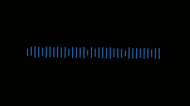 Futuristic audio spectrum sound waves animation featuring a glowing horizontal equalizer with dynamic frequency bars reacting to imaginary music. Smooth flowing sound waves