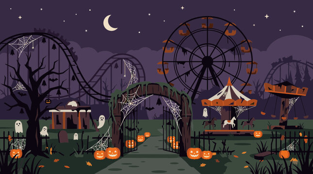 Spooky Halloween Amusement Park at Night with Pumpkins and Ghosts