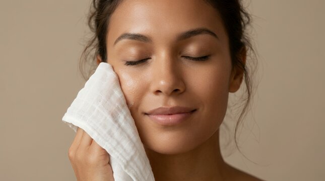 Woman cleansing face with muslin cloth for skincare routine. Young female removing makeup using soft cotton wipe for fresh glowing skin.