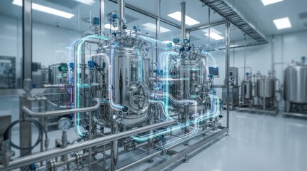 Fototapeta premium Digital twin biopharma manufacturing with mirrored fermenters, sensor nodes, and data flow in a sterile production suite.