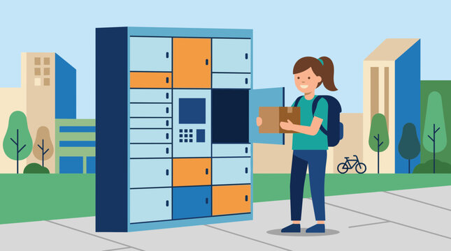 Woman collecting package from automated parcel locker in urban setting