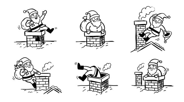 Santa Claus entering and exiting chimneys in various cartoon styles