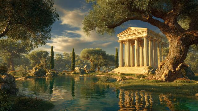 Space universe exploration, fantasy. A vivid portrayal of an ancient Greek temple, set against a serene landscape. The temple is a neoclassical structure with columns and a pediment.