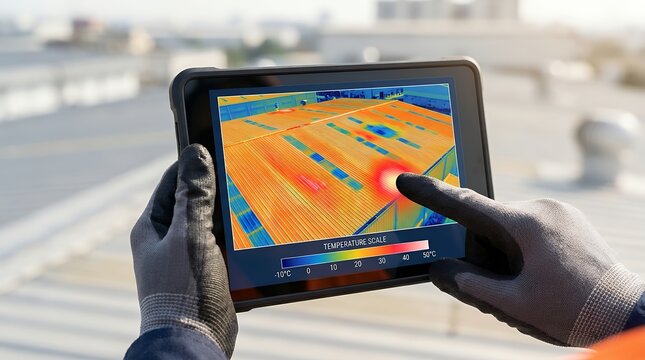 Professional inspector analyzing thermal imaging scan for building diagnostics. Expert technician detecting heat loss on industrial roof using infr...