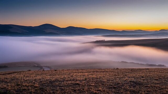 Plateau mist timelapse fog drifting continuously with light revealing the expansive land below