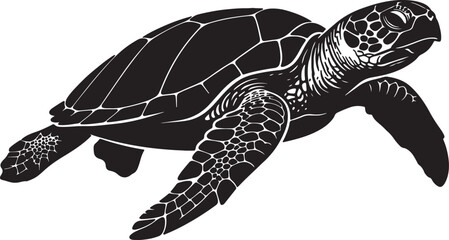 Black and white of a swimming sea turtle, side profile view with detailed shell and flipper patterns © Pixel With MH
