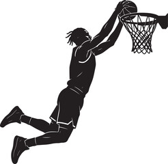 Black and white silhouette of a basketball player with dreadlocks performing a powerful slam dunk, jumping to put the ball through the hoop and net © Pixel With MH