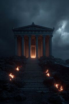 Space universe exploration, fantasy. A dramatic, atmospheric portrayal of a grand, neoclassical temple set against a dark, stormy sky.