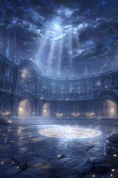 Space universe exploration, fantasy. A detailed digital artwork depicts a grand, ornate cathedral under a starry night sky. The cathedral features intricate architectural details, including arches.