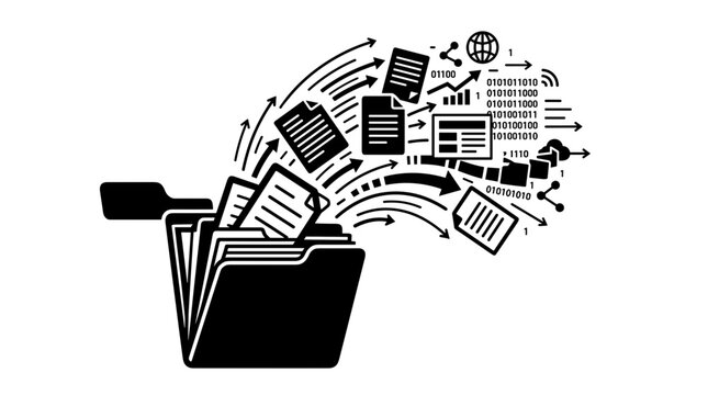 Black silhouette of an open file folder with documents and data icons flowing out