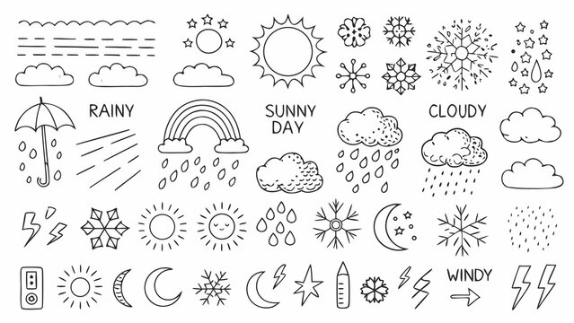 Weather doodles collection hand drawn line style icons on a white background