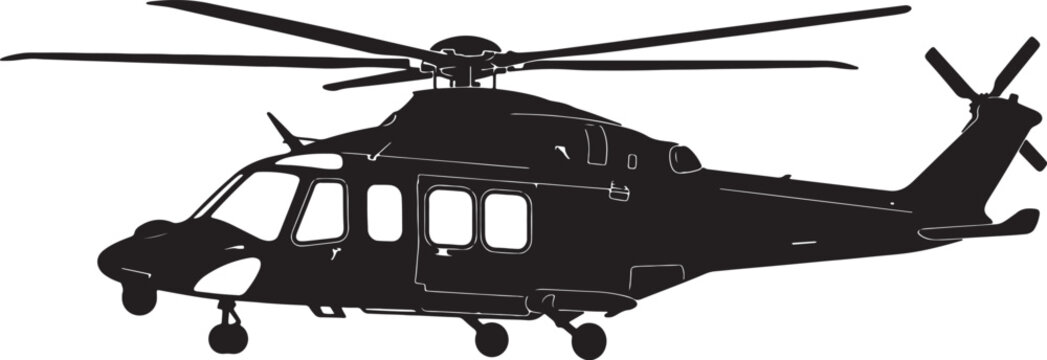 Black silhouette of a twin-engine utility helicopter, side view profile showing main rotor blades, tail rotor, landing gear, and cockpit windows against a white background