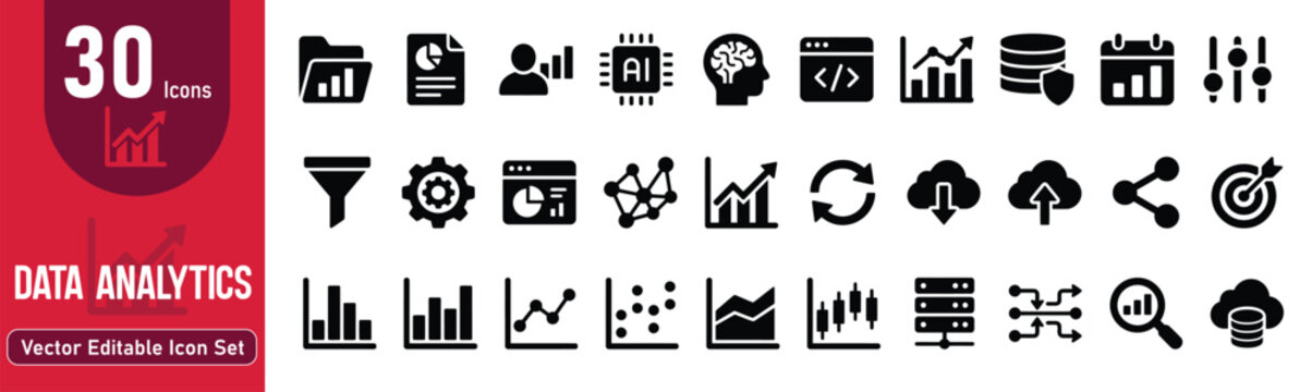 Data analytics icone set 30 vector icons for business reports and digital technology applications