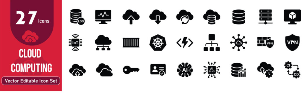 Cloud computing icone set 27 vector icons for digital transformation data storage network security