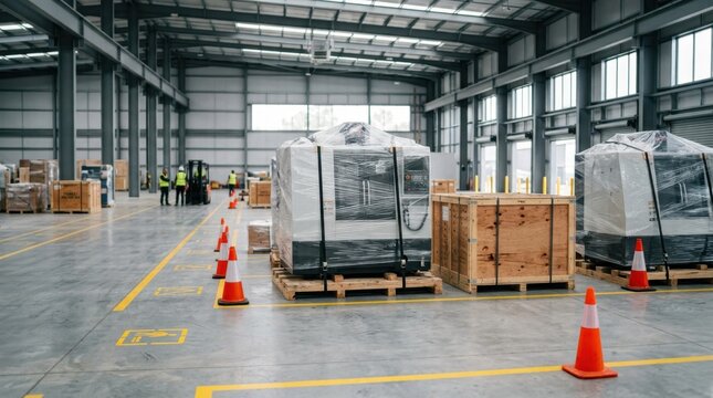 Manufacturing relocation with shrink wrapped CNC machines, shipping crates, pallet straps, safety cones, and fresh floor markings