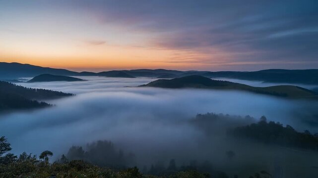 Plateau mist timelapse fog drifting continuously with sunlight revealing the beautiful landscape
