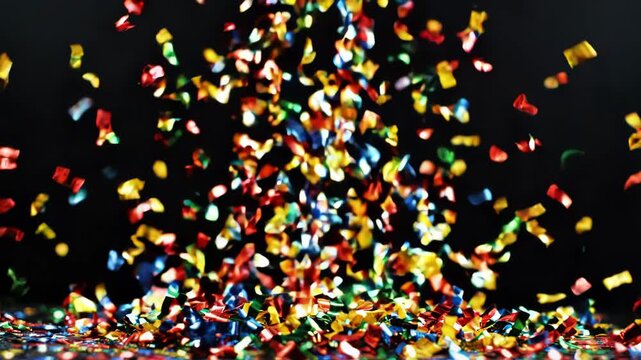 Colorful confetti falling against a dark background creating a festive celebration atmosphere