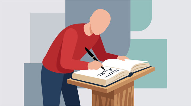 Vector illustration of an open guestbook with a pen on a table for event signatures. Suitable for wedding receptions, funeral memorials, and formal corporate gallery gatherings.