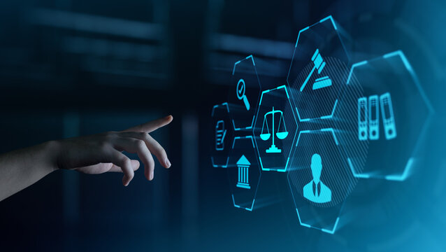 Hand Touching Digital Scale of Justice Icon. Legal and Law Concept