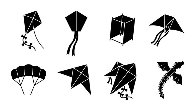 Diverse Kite Collection, Vector Icons Set: Traditional Diamond, Box, Dragon, Parachute Shapes for Outdoor Fun