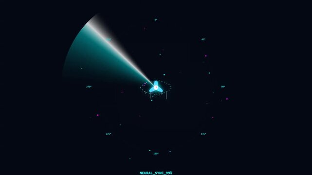 Digital radar scanning animation with rotating light beam on dark background