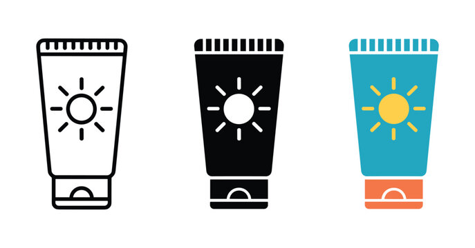 Sunscreen Tubes: Three stylized representations of sunscreen tubes, featuring a sun icon, showcase a versatile design adaptable for various graphic applications.