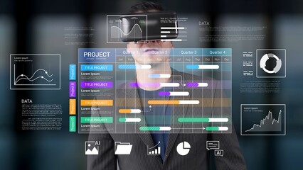 Obraz premium Business professional uses virtual reality technology for data visualization and project management in a modern office environment with digital displays Gluon.