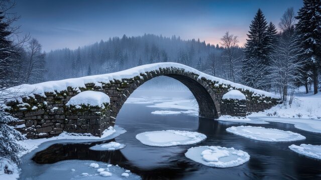 Snowy stone arch bridge crossing an icy river amidst a misty pine forest at dawn Wallpaper Background image