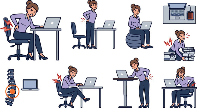 Office Woman with Chronic Back Pain Vector Icon Set Featuring Spinal Injury, Heavy Lifting Strain, Poor Sitting Posture, and Desk Fatigue