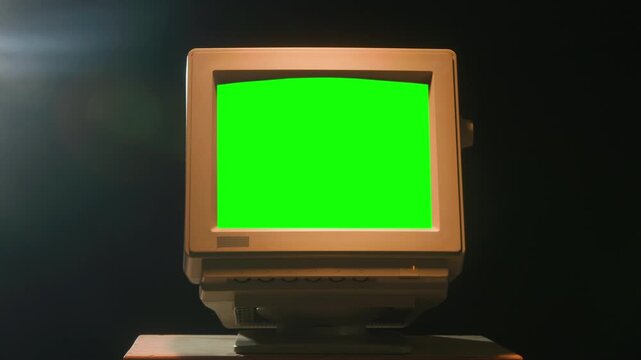 Retro pc computer gaming, Desktop vintage with loading code console, programmer making scripts, green basic screen, Old computer studio close-up, retro wave display, late 90s PC.