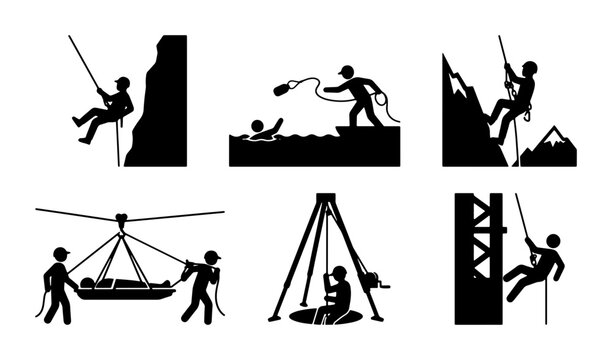 Rescue Operations Icons Set: Climbing, Water, Mountain, Evacuation, Rigging, Vertical Rescue
