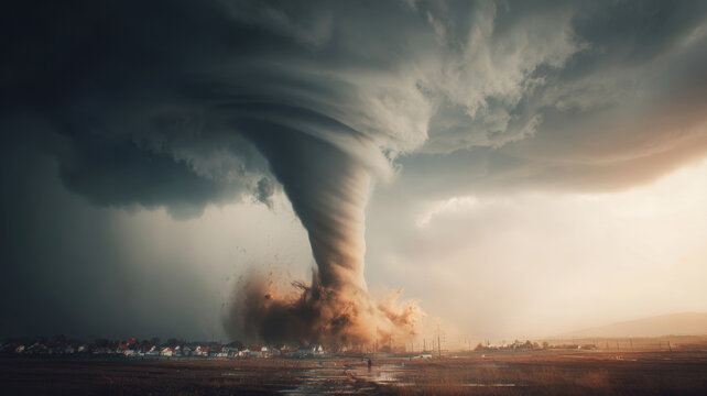 Tornado, twister, weather, natural disaster. A dramatic portrayal of a tornado. The main subject is a large, swirling cloud formation, with a distinct funnel cloud at the center.