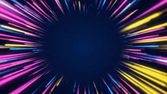 Abstract tunnel of glowing neon light streaks in a radial motion effect
